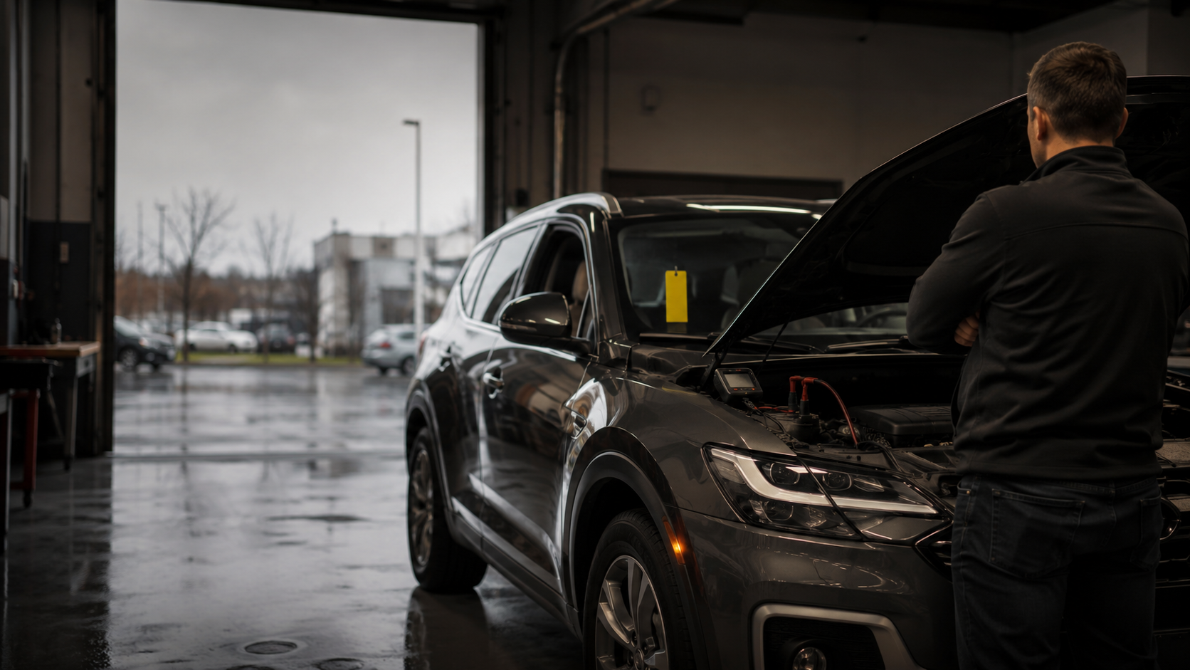 2024 Jeep Grand Cherokee in a dealership service bay with hood raised and warning light glow