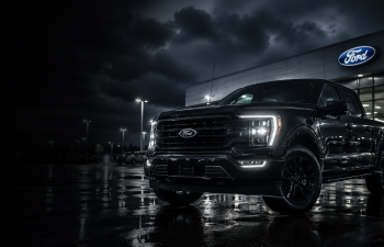Black Ford pickup truck parked on wet pavement at night outside a dealership with the Ford logo illuminated under a dramatic cloudy sky.